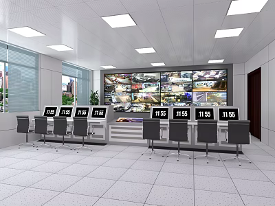 Modern Monitoring Room With Numbered Control Consoles And Wall Mounted Monitor Screens 3d model