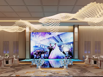 Elegant Wedding Banquet Hall With Large Screen Newlyweds Decorative Lighting And Wave Shaped Chandeliers 3d model