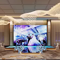 Elegant Wedding Banquet Hall With Large Screen Newlyweds Decorative Lighting And Wave Shaped Chandeliers