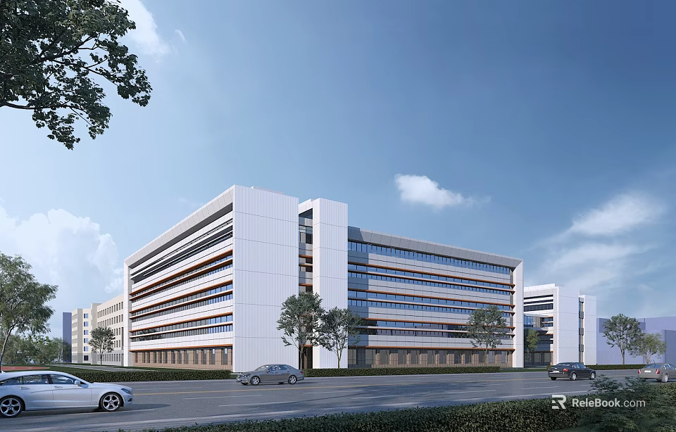 Modern Multistory School Building With White Exterior Large Windows And Trees Along Road 3d model 