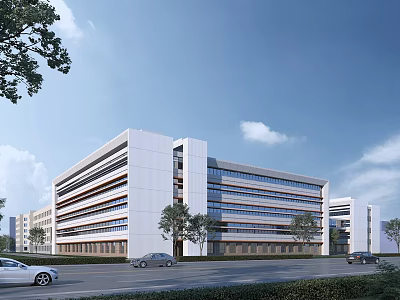 Modern Multistory School Building With White Exterior Large Windows And Trees Along Road 3d model