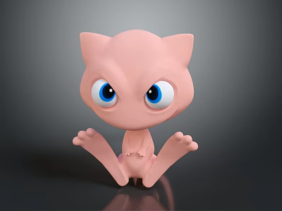 Cute Pink Cartoon Cat Creature Character With Big Blue Eyes In Sitting Pose 3d model