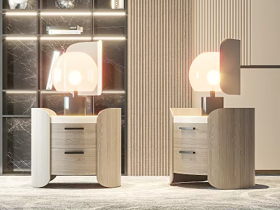 Modern Wooden Nightstand With Drawer And Table Lamp In Bedroom Interior Design 3d model