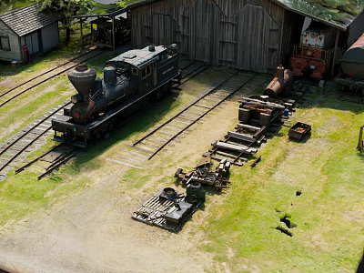 Steam Locomotive In Railway Yard With Old Warehouse And Equipment 3d model