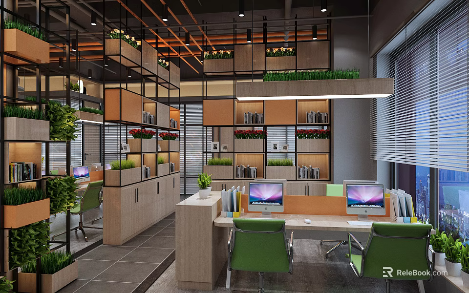 Modern Public Office Space With Open Layout Green Plants Workstations And Bright Lighting 3d model 