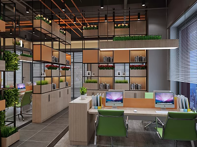 Modern Public Office Space With Open Layout Green Plants Workstations And Bright Lighting 3d model