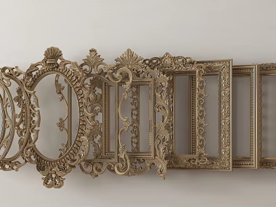 Ornate Golden Photo Frames With Intricate Carvings And Various Shapes Arranged Together 3d model