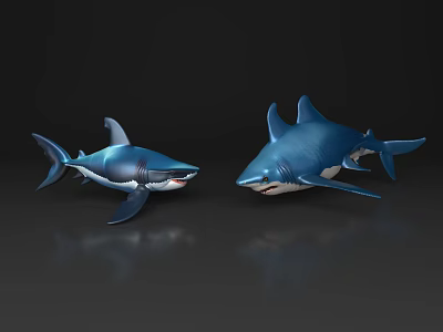 Two Shiny Blue Realistic Shark Models With Lifelike Details On Dark Background 3d model