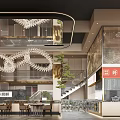 Restaurant Interior Design With Chandelier Staircase Dining Tables Chairs Lattice Partition And Green Plants