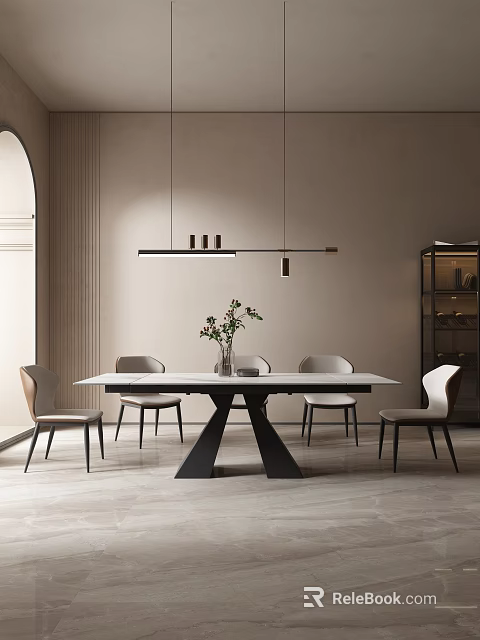 Minimalist Dining Table Set With Chairs Pendant Light And Vase Plants 3d model 