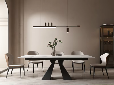 Minimalist Dining Table Set With Chairs Pendant Light And Vase Plants 3d model