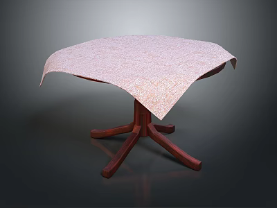 Patterned Light Colored Tablecloth On Round Wooden Leg Table For Home Use 3d model