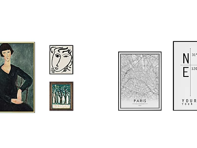 Varied Wall Art Collection Featuring Portrait Abstract Sketch Landscape Paris Map and Typography Design 3d model