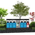 Public Facility Modern Waste Sorting Station With Multiple Bins Green Trees And Paved Pathway 3d model