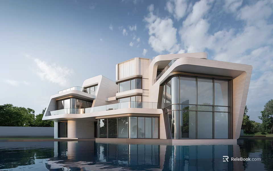 Modern Detached Villa With Unique Exterior Large Glass Windows And Swimming Pool 3d model 