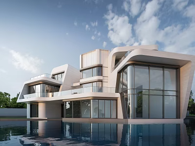 Modern Detached Villa With Unique Exterior Large Glass Windows And Swimming Pool 3d model