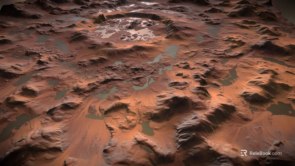 Mars Surface Landscape with Red Sandy Terrain Rocky Formations and Greenish Patches 3d model 