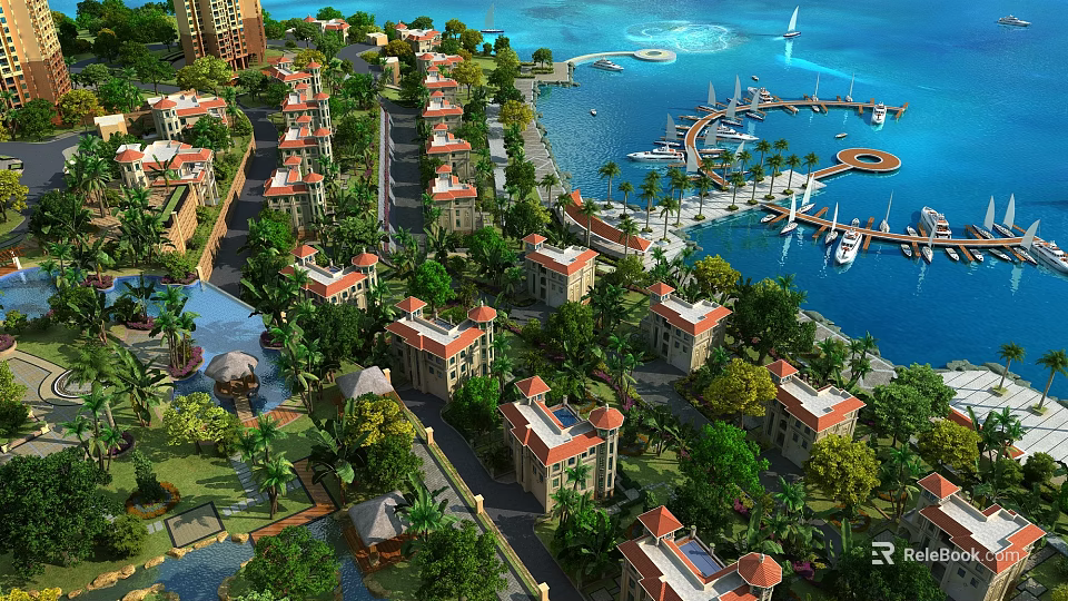 Aerial View Planning of Coastal Residential Community With Buildings Green Trees Marina and Boats 3d model 