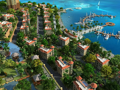 Aerial View Planning of Coastal Residential Community With Buildings Green Trees Marina and Boats 3d model