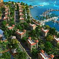 Aerial View Planning of Coastal Residential Community With Buildings Green Trees Marina and Boats