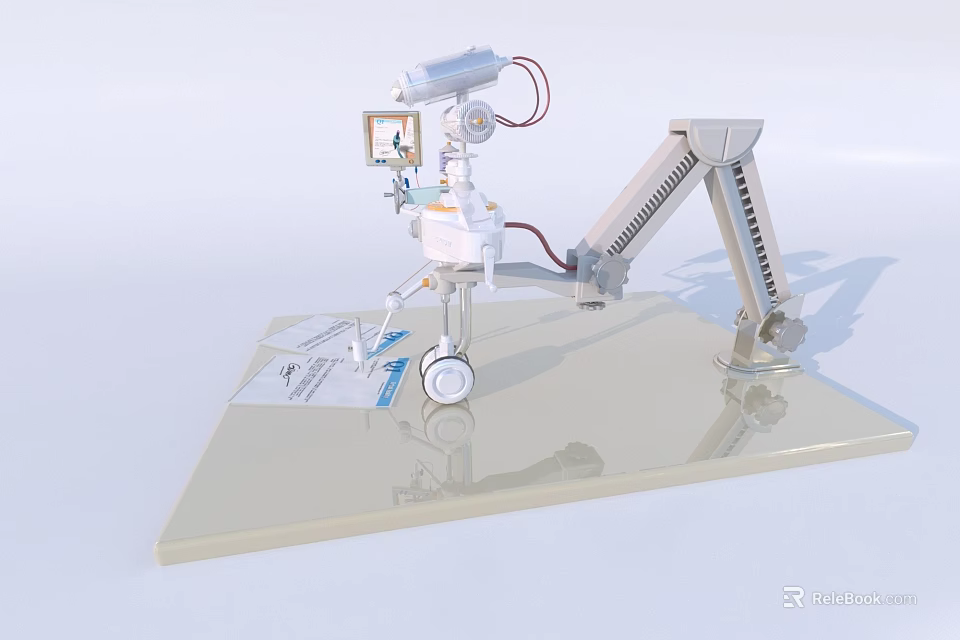 Industrial Robotic Arm Equipment With Control Panel Connection Cables And Operational Documents On Base 3d model