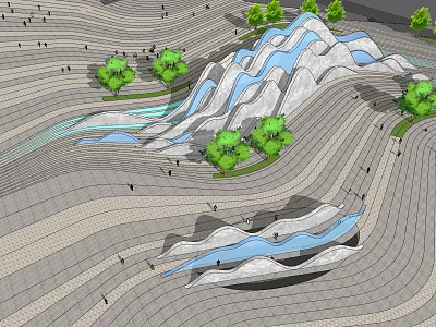 Innovative Landscape Design Featuring Rolling Terrain Curved Water Bodies And Lush Green Trees 3d model