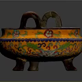 Ornament Decoration Set With Double Handle Orange Base Colorful Floral Patterns And Three Feet Design