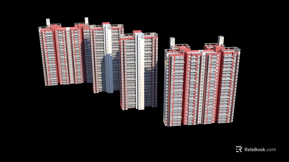 Modern High Rise Residential Buildings With Red And White Exterior Design 3d model 