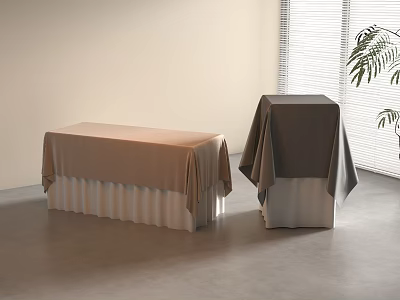 Two Tables With Light Brown And Dark Gray Pleated Tablecloths Near Window And Potted Plant 3d model