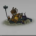 Colorful Characters And Mechanical Creatures In Watery Scene With Pipes And Lanterns