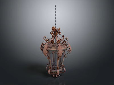 Ornate Vintage Metal Chandelier Furniture With Glass Panels And Scroll Design 3d model