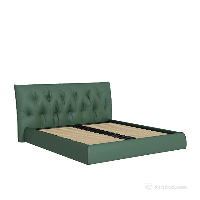 Green Leather Tufted Headboard Double Bed With Slat Base Frame 3d model