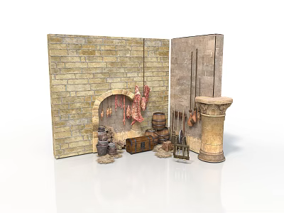 Rustic Interior Setup With Brick Wall Hanging Meat Wooden Barrel Tools And Stone Column 3d model