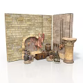 Rustic Interior Setup With Brick Wall Hanging Meat Wooden Barrel Tools And Stone Column 3d model