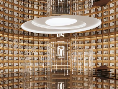 Modern Exhibition Hall Interior With Layered Bookshelves Circular Ceiling Light And Crystal Decorations 3d model