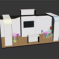 White Exhibition Booth Interior With TV Tables Chairs And Plant Design
