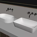 Modern Bathroom With Two White Washbasins On Dark Countertop And Silver Faucets