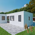 White Container Building With Outdoor Grass Trees Stone Pavement And Windows 3d model