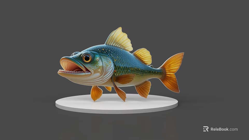 Colorful Aquatic Fish with Blue Body and Orange Fins Open Mouth on White Circular Base 3d model 