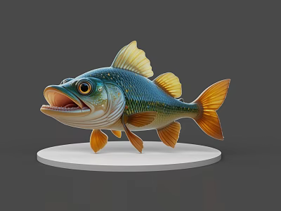 Colorful Aquatic Fish with Blue Body and Orange Fins Open Mouth on White Circular Base 3d model