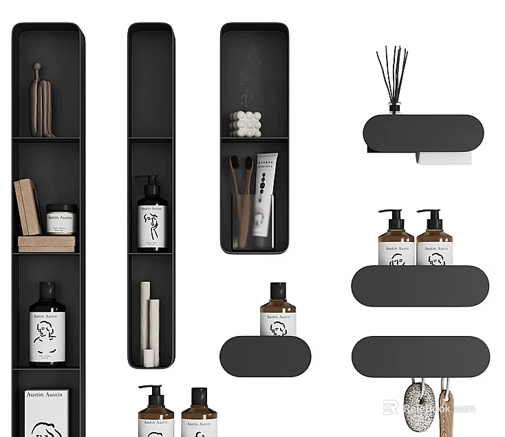 Stylish Modern Bathroom Accessories With Wall Mounted Shelves Dispensers Toothbrushes And Diffusers 3d model 