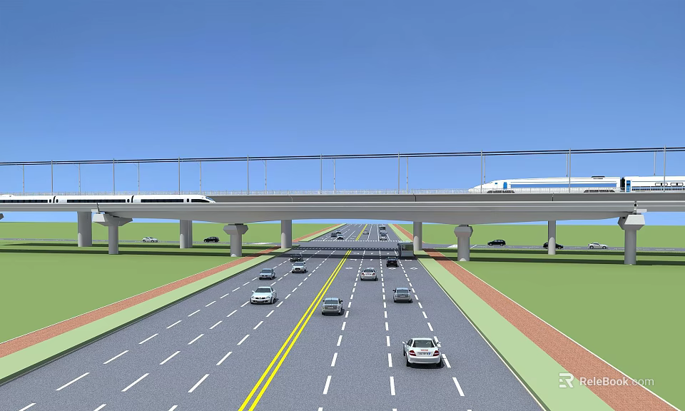 Modern Highway Road Infrastructure With Elevated Viaduct Multiple Traffic Lanes And Vehicles 3d model 