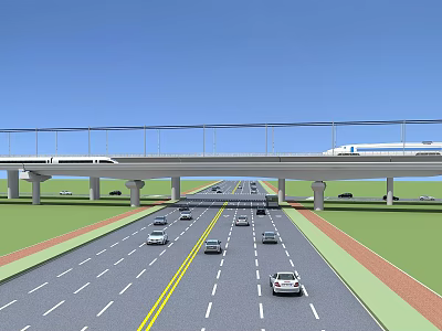 Modern Highway Road Infrastructure With Elevated Viaduct Multiple Traffic Lanes And Vehicles 3d model