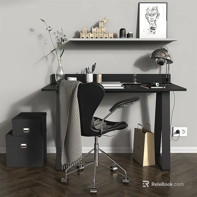 Modern Home Office Desk With Black Chair Desk Lamp File Cabinets And Decorations 3d model 