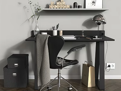 Modern Home Office Desk With Black Chair Desk Lamp File Cabinets And Decorations 3d model