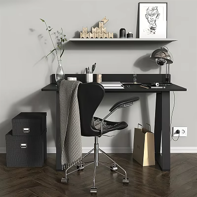 Modern Home Office Desk With Black Chair Desk Lamp File Cabinets And Decorations 3d model