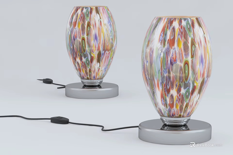Pair of Colorful Glass Table Lamps With Vibrant Patterns And Silver Bases 3d model 