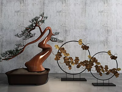 Decorative Ornament Set With Wooden Bonsai Tree And Circular Metal Frames With Golden Leaves 3d model