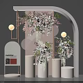 Elegant Floral Installation with Pink White Flowers Hanging Arch Cylindrical Pedestals and Lights
