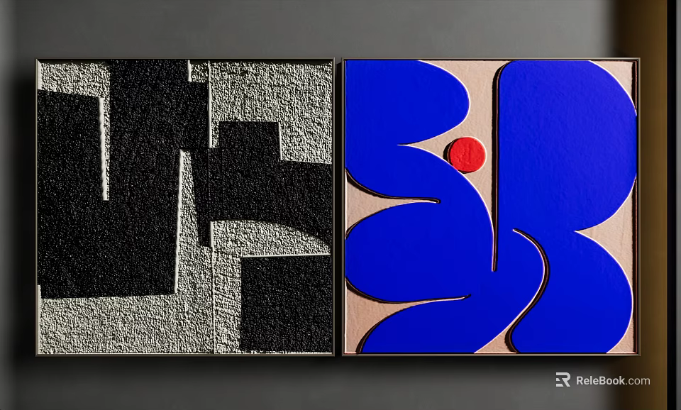 Abstract Paintings Featuring Black White Gray Geometric Shapes Textures Blue Curves And Red Dot 3d model 